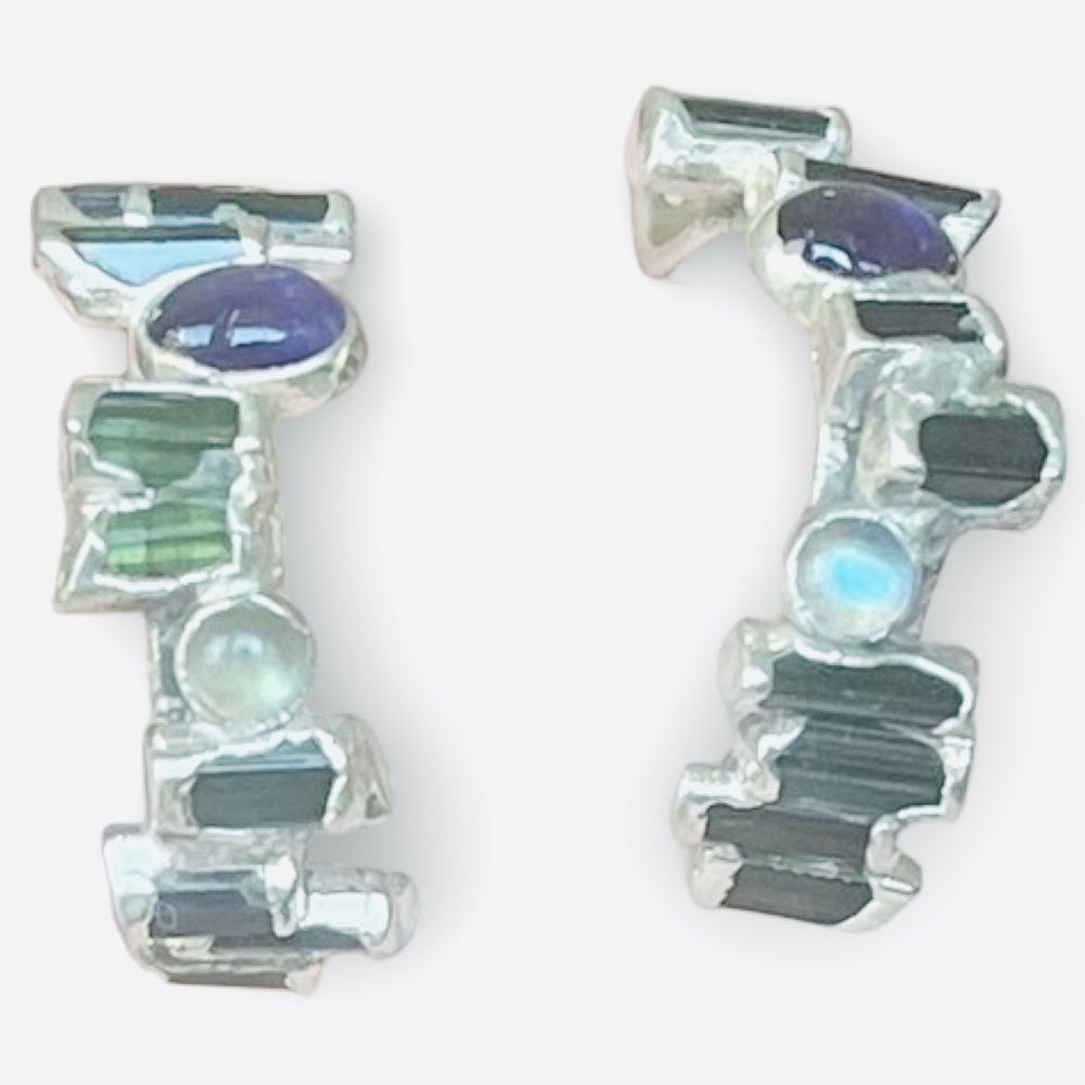 Pure Silver Artisan Green Tourmaline, Amethyst, Moonstone Earrings by C + R - Picture 7 of 9